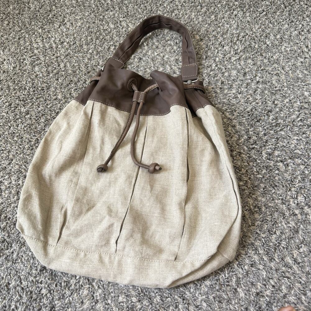 J.Jill Hobo Bucket Bag Linen Leather Shoulder Bucket Bag Brown Tan Boho New